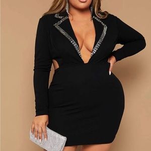 Black Plunging Neck Rhinestone Detail Cut Out Side Bodycon Mini Dress
